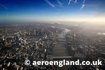 aerial photograph of the River Thames & City of London st dawn UK