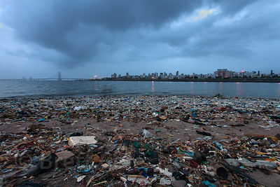 Garbage on the banks of Mahim Bay, Mumbai, India.