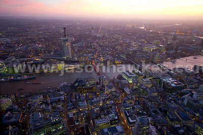 Aerial view over the River Thames at sunset, London