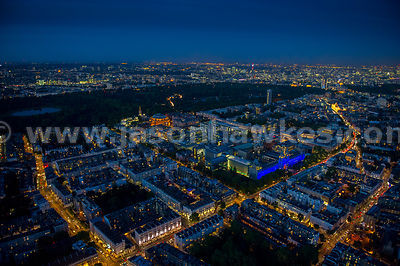 Aerial view of the Natural History Museum at night, London