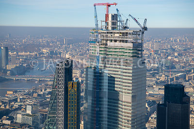 Aerial view of 22 Bishopsgate and cranes, , City of London, London