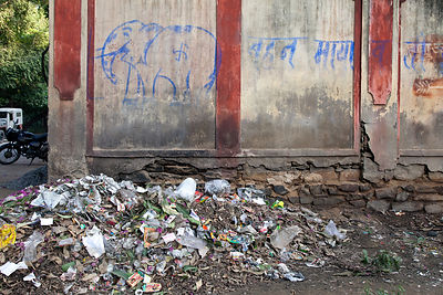 Garbage beneath graffiti of an elephant at the Udaipur city zoo, Rajasthan, India