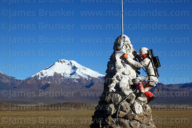Mountaineering monument and Pomerape volcano, Sajama National Park, Bolivia