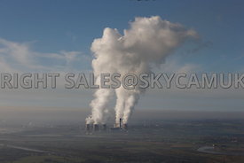 Fidders Ferry aerial photograph of a misty landscape of plumes of steam rising above the power station against a clear blue sky