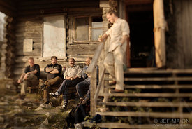 Group of hikers outside wilderness hut