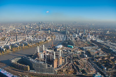 Aerial view of London, Nine Elms with Battersea Power Station and River Thames.