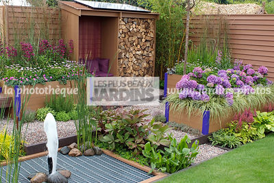 Abri de jardin dans un jardinet urbain. Jardinière en plastique recyclé. Geranium sanguineum, Hydrangea macrophylla 'Teller Blue', Rodgersia spp. Paysagiste : Tim Fowler, TPFS, Angleterre