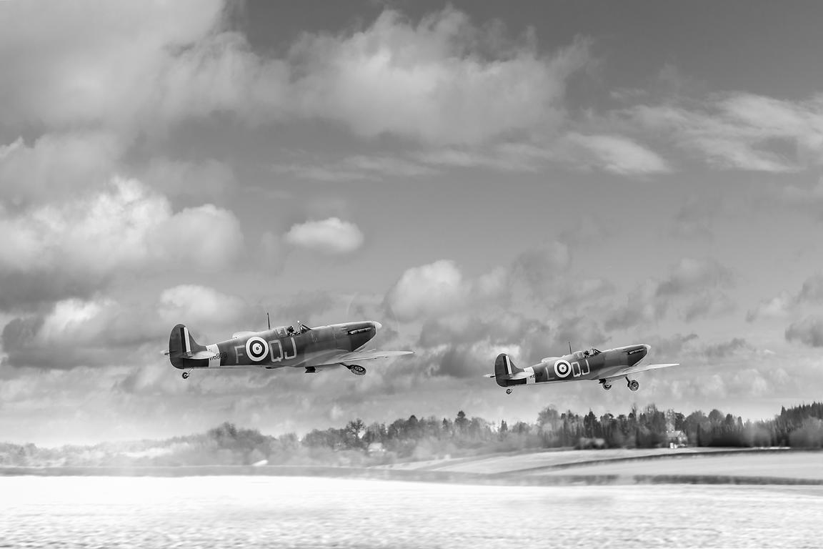 Gary Eason's FLIGHT ARTWORKS Winter ops Spitfires black and white