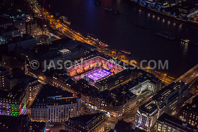 Aerial view of London at night, Victoria Embankement at Waterloo Bridge, Strand