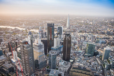 Aerial view of London, Tower 42 with City of London financial district and The Shard.
