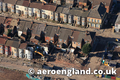 aerial photograph of the demolition of terraces houses as part of the Anfield clearances in Liverpool UK