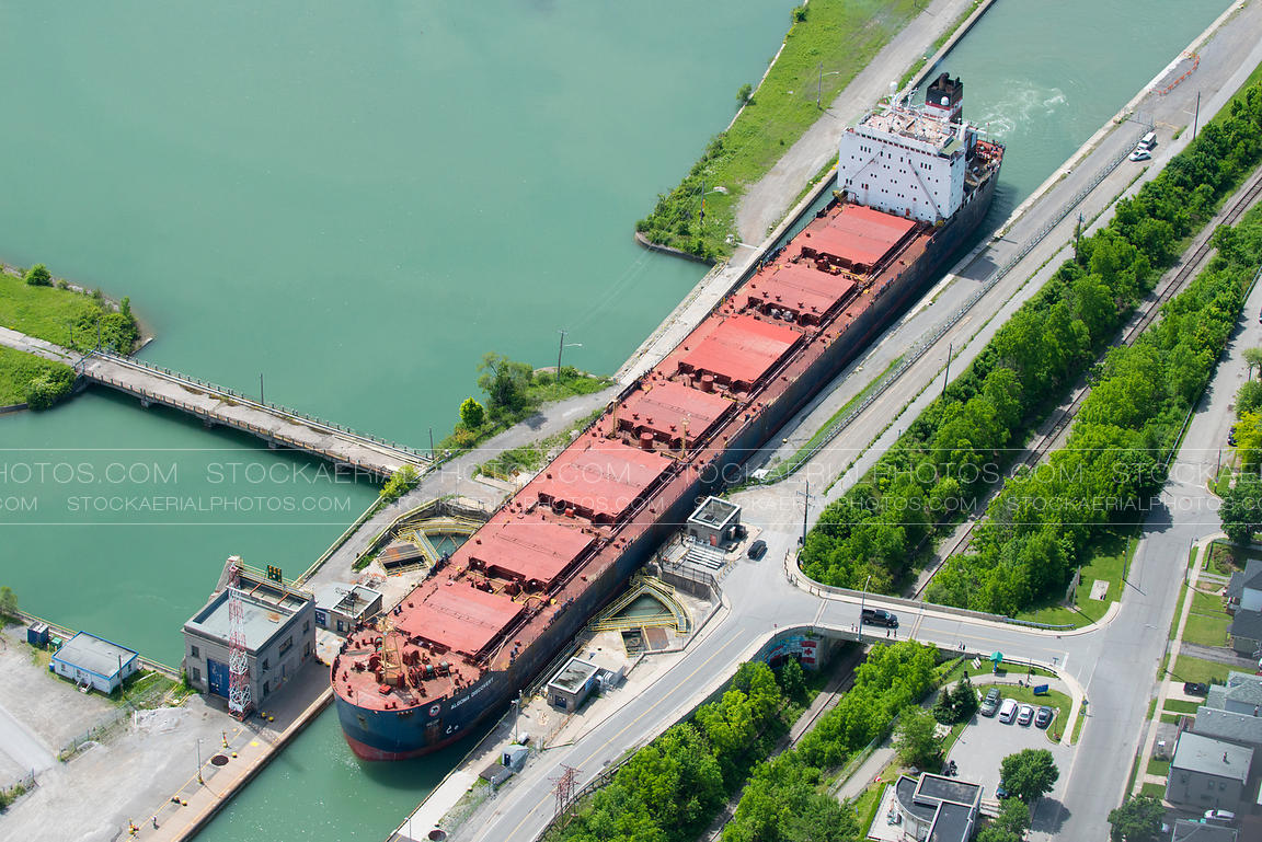 Aerial Photo Cargo Ship in Saint Lawrence Seaway Locks