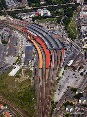 aerial photograph of York Railway Station , York England UK