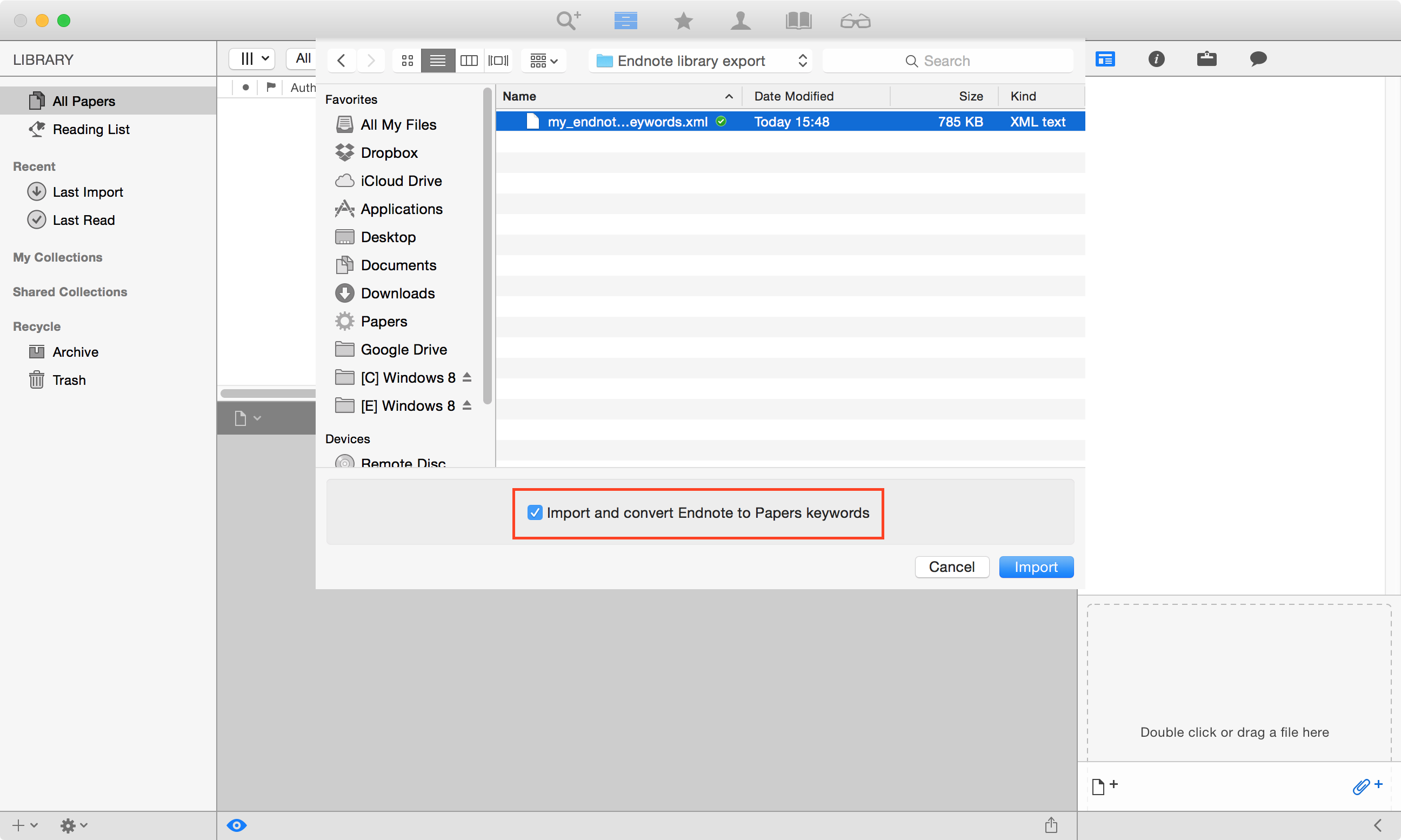 how to import an endnote library with keywords to papers