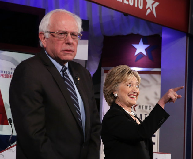 DES MOINES, IA - NOVEMBER 14: Democratic presidential candidates (L-R) Sen. Bernie Sanders (I-VT) and Hillary Clinton stand on the stage prior to a presidential debate sponsored by CBS at Drake University on November 14, 2015 in Des Moines, Iowa. The candidates participated in the party's second presidential debate. (Photo by Alex Wong/Getty Images)