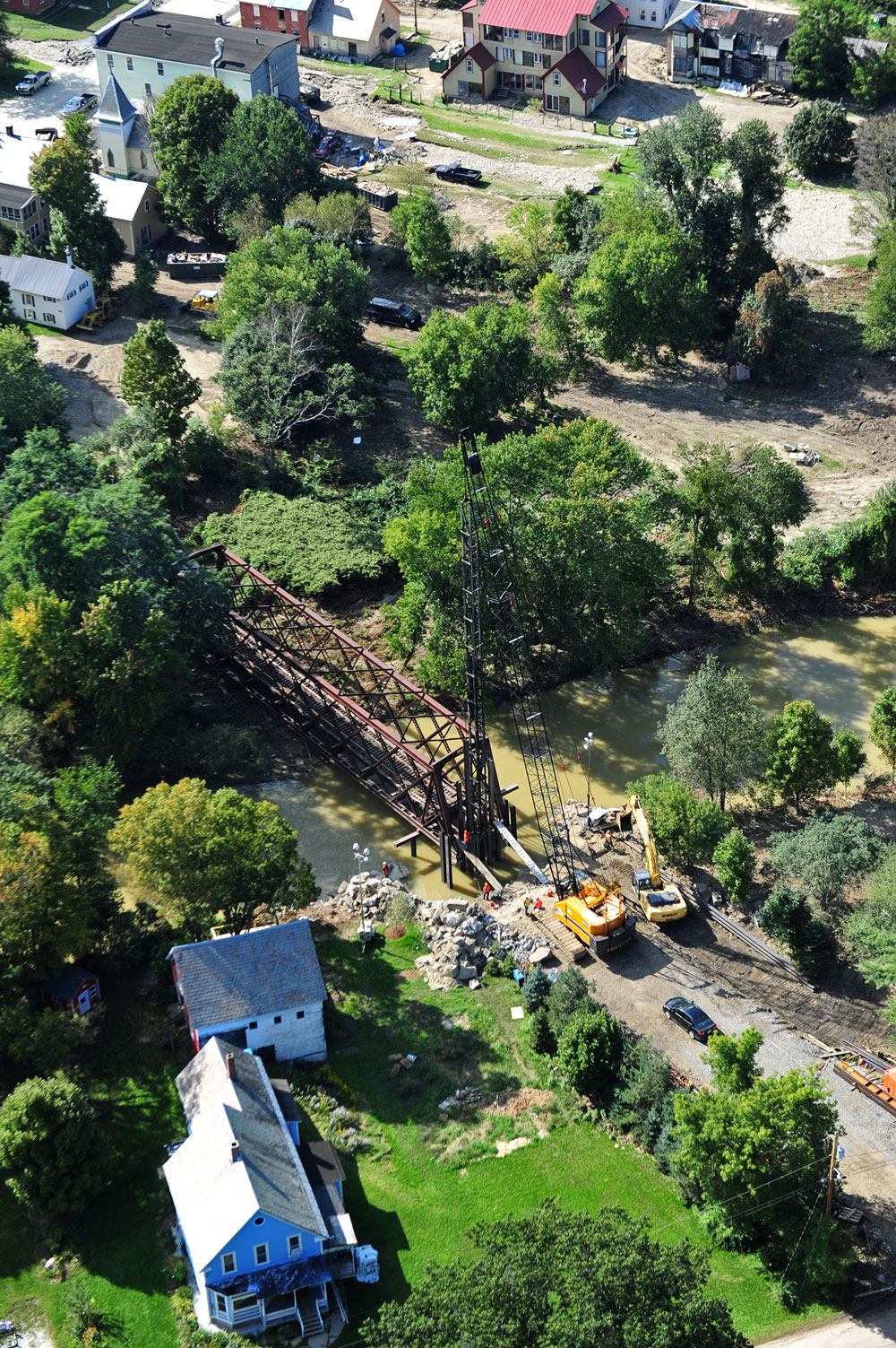 A railway bridge undergoing repair in Proctorsville, Vermont.