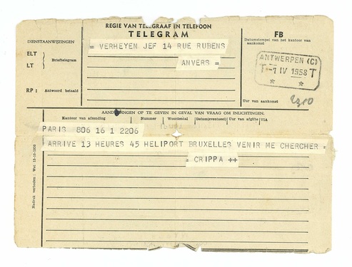 Telegram from Roberto Crippa to Jef Verheyen (1 April 1958)