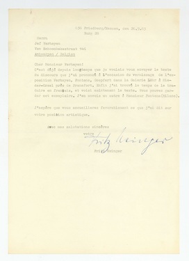 Letter from Fritz Usinger to Jef Verheyen (26 September 1965)