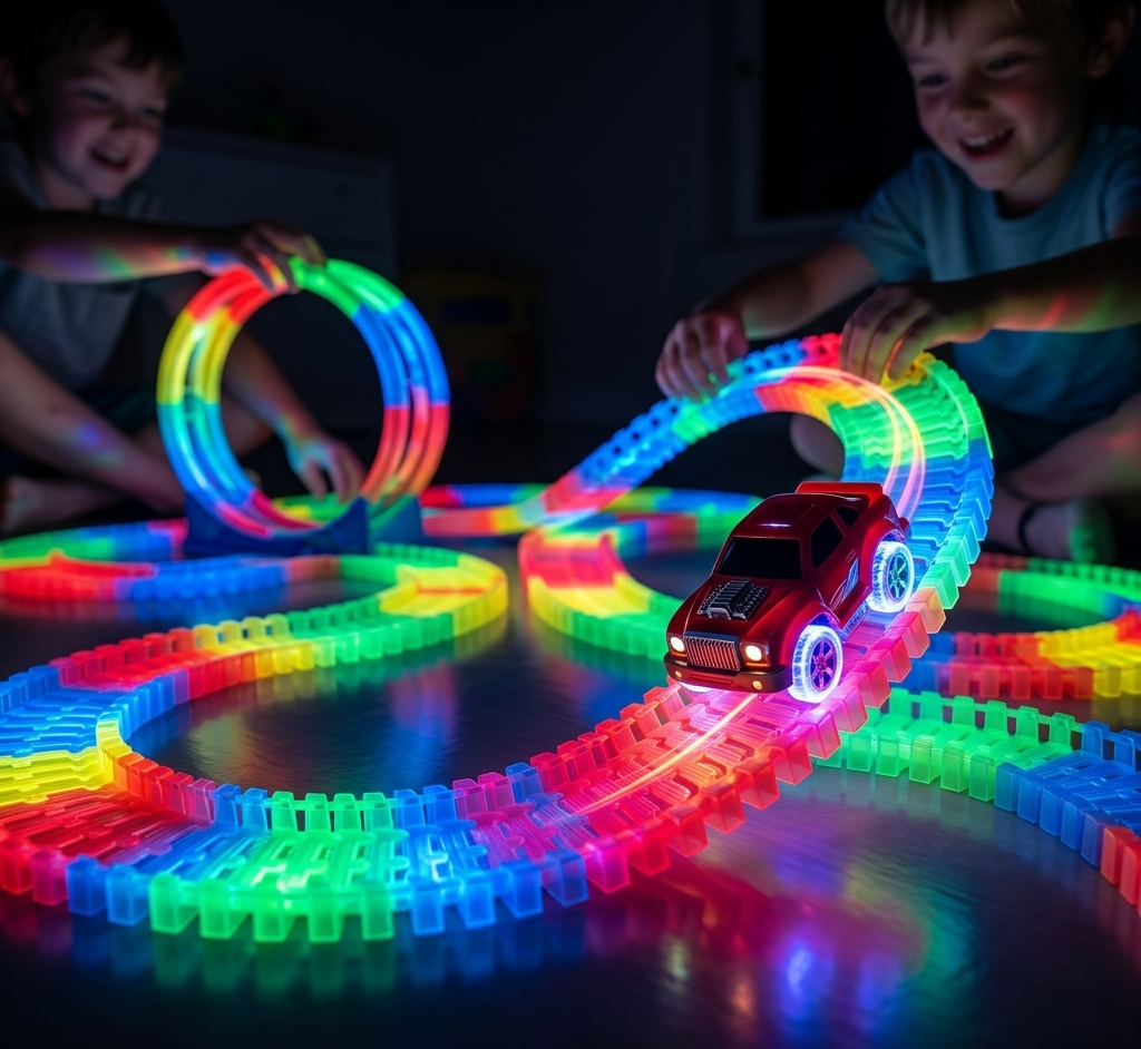 Mind Games Canada - 1902 Shop the 220 pieces Magic Tracks set. Flexible, glow-in-the-dark racetrack toy that encourages creativity and endless play for kids.