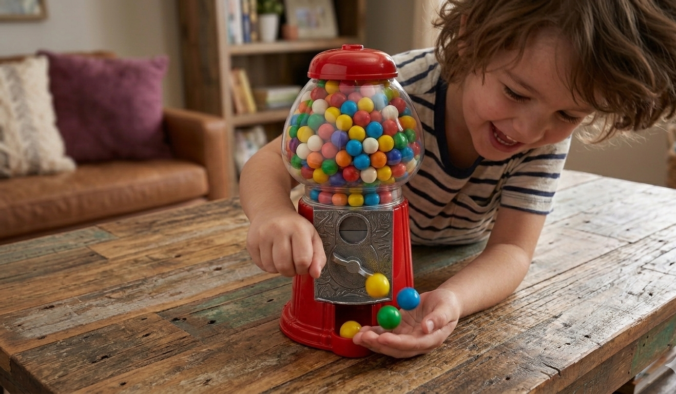 Mind Games Canada - 1902 A young boy with curly hair smiling as he turns the silver crank of a classic red gumball machine on a rustic wooden table, with colorful gumballs dispensing into his hand.