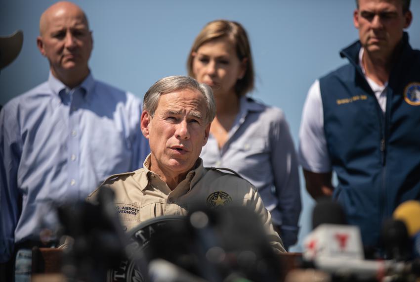 Gov. Greg Abbott speaks at a press conference with nine other governors regarding the southern border at Anzalduas Park in M…