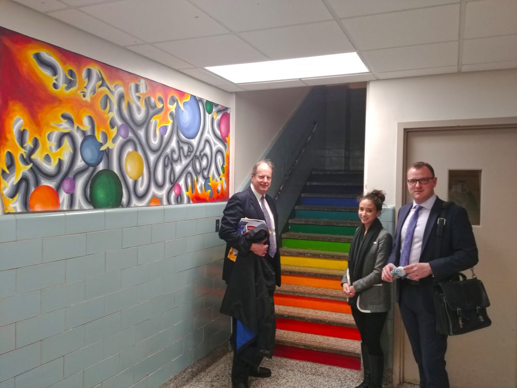 LIRR Expansion Project team members (from left to right) Andy Kraus, Julianne Yee, and Travis Brennan attend a Garden City school board meeting in January.