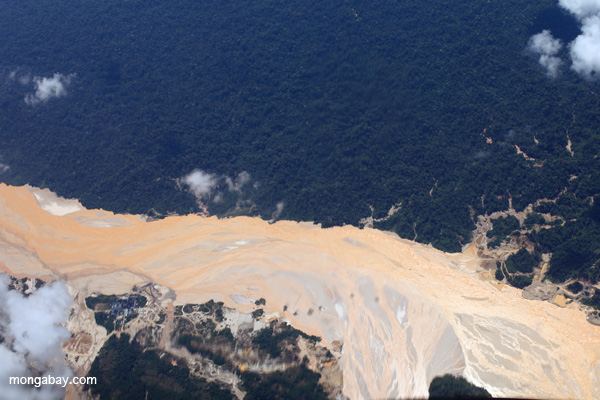 Aerial image of gold mining damage in the Amazon rainforest