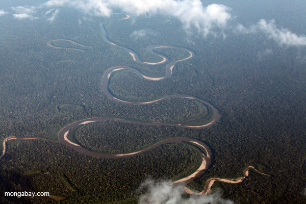 Overhead view of a remote river in the Andes-Amazon foothills