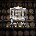 Racks of bourbon barrels with an illustration of a barrel and the words "barrel aging" overlaid