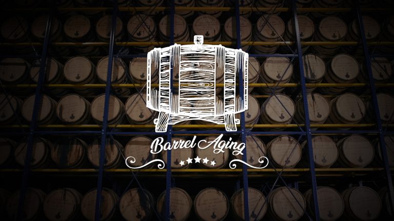 Racks of bourbon barrels with an illustration of a barrel and the words "barrel aging" overlaid