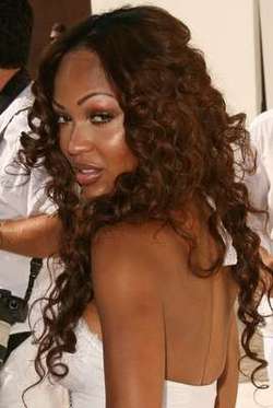 Meagan Good - Brunette, Celebrities, Kinky hair, Long hair styles, Hair extensions, Spiral curls hairstyle picture