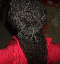 Knot with Twists - Brunette, Long hair styles, Readers, Female, Curly hair, Black hair, Adult hair, Knots, Buns, Senegalese twists, Hair extensions hairstyle picture
