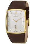 Skagen 567LGLD1 Gold Tone Tonneau Case Silver Tone Dial Column Date Leather Strap