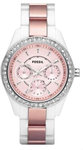 Fossil ES2802 Stella Plastic Resin Link Bracelet Two Tone Pink Dial Day Date Crystal Quartz