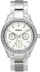 Fossil ES2821 Stella See-Through Plastic Resin Link Bracelet White Dial Day Date Crystal Quartz