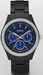 Fossil ES2827 Stella Black Plastic Resin Link Bracelet Blue Dial Day Date Crystal Quartz