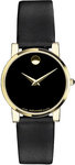 Movado 0604228 Gold Tone Moderna Leather Strap Black Dial