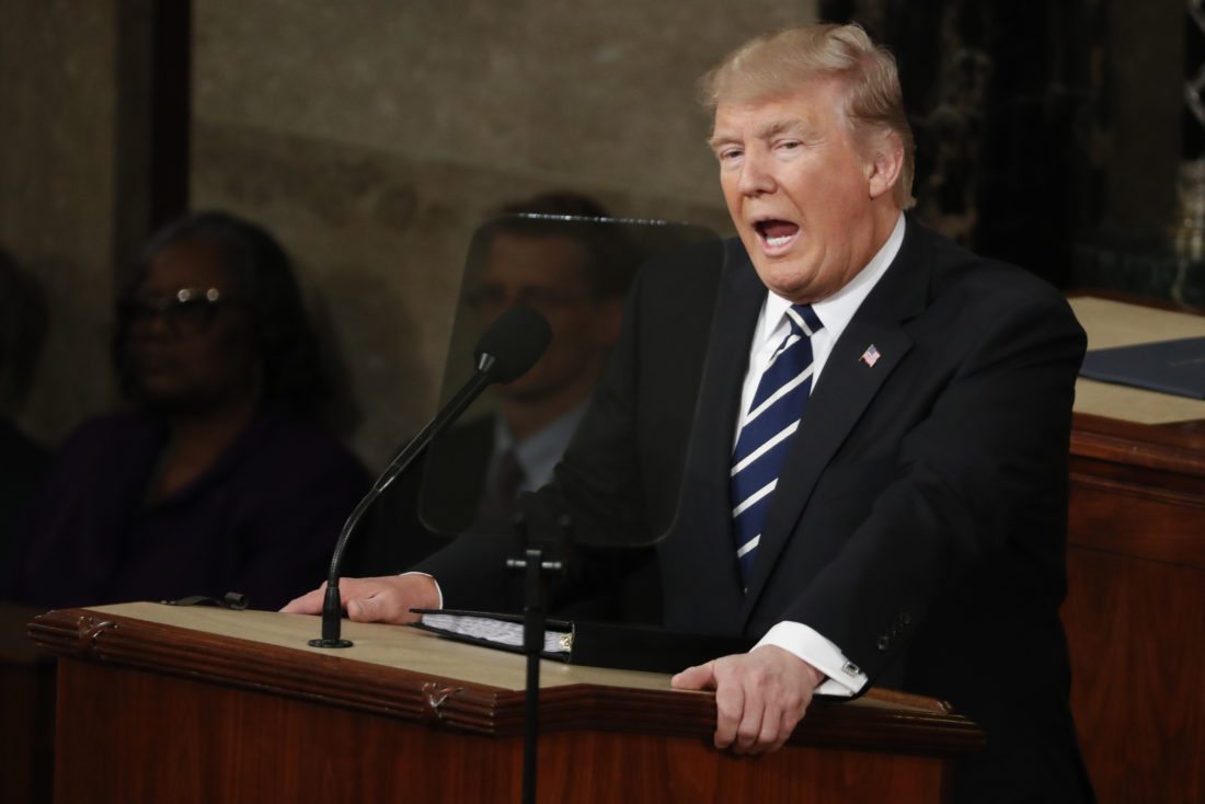 STICKING  TO THE SPEECH — President Donald Trump addresses a joint session of Congress on Capitol Hill in Washington. Not a natural orator, Trump has shown at times that he can deliver a powerful speech that effectively outlines his vision, strikes an emotional chord and moves commentators to declare that he at least looks presidential. He is set to deliver his first State of the Union address at 9 p.m. today.
-- Associated Press