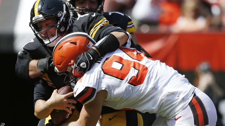 Cleveland Browns defensive end Carl Nassib (94) sacks Pittsburgh Steelers quarterback Ben Roethlisberger (7) during the second half of an NFL football game, Sunday, Sept. 10, 2017, in Cleveland. (AP Photo/Ron Schwane)