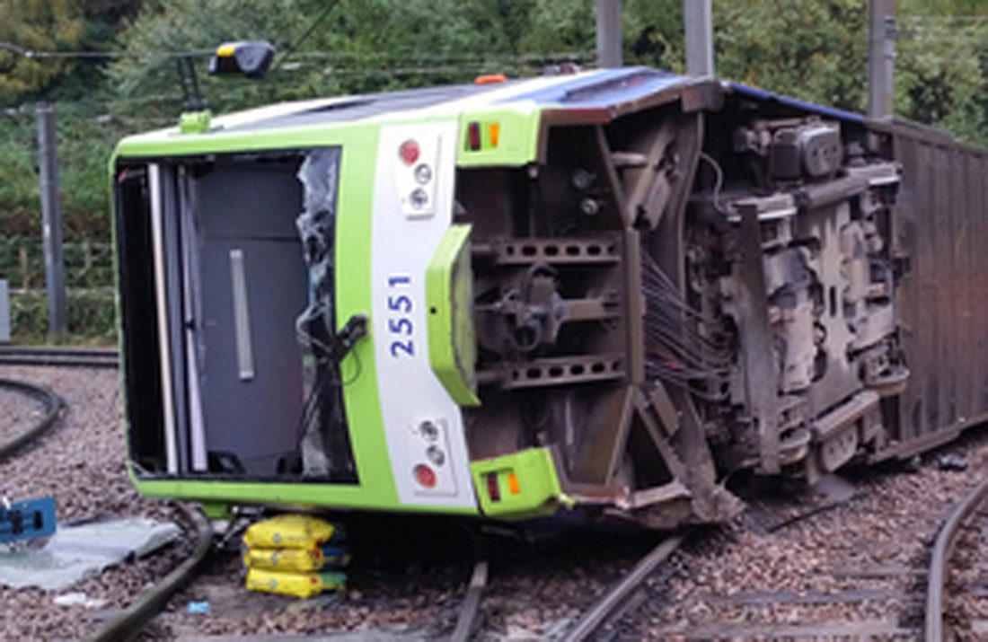 ASSOCIATED PRESS
A photo issued by the Rail Accident Investigation Branch of the tram which derailed near the Sandilands stop in Croydon, London, on Wednesday.