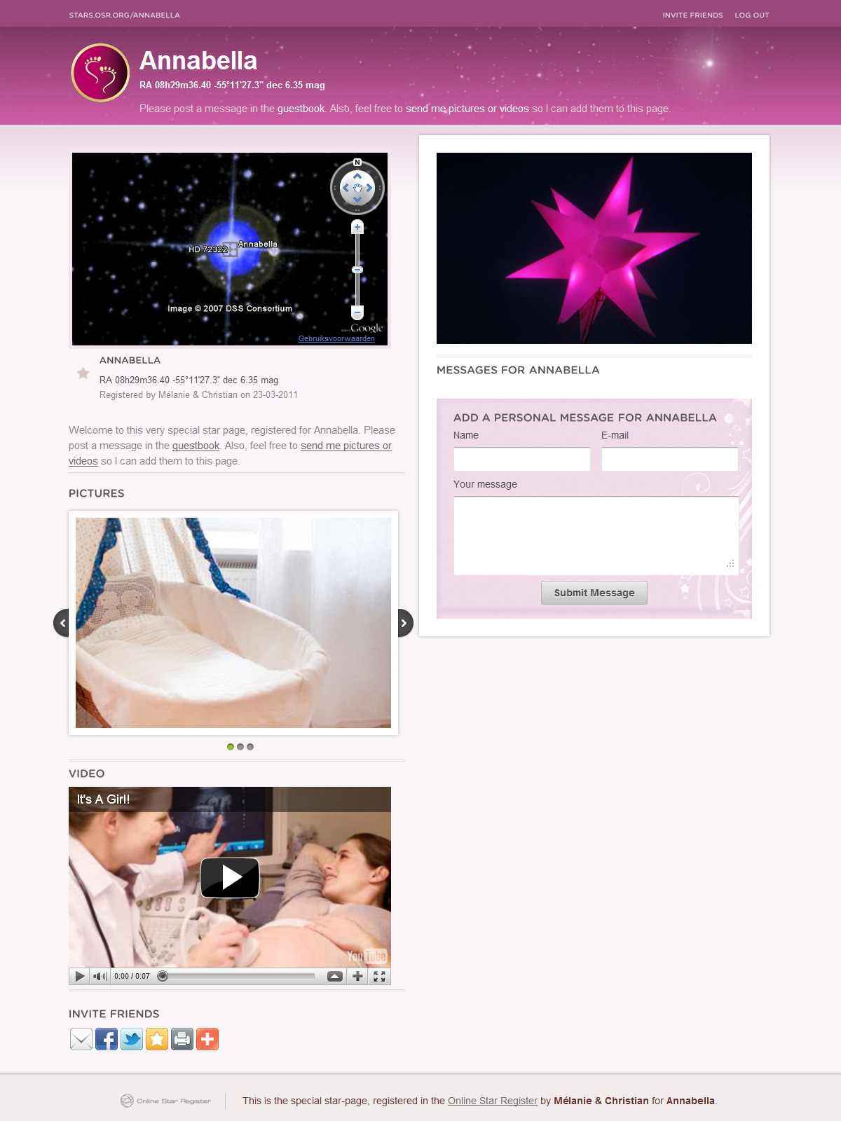 Baby Girl Birth Gift Star Page