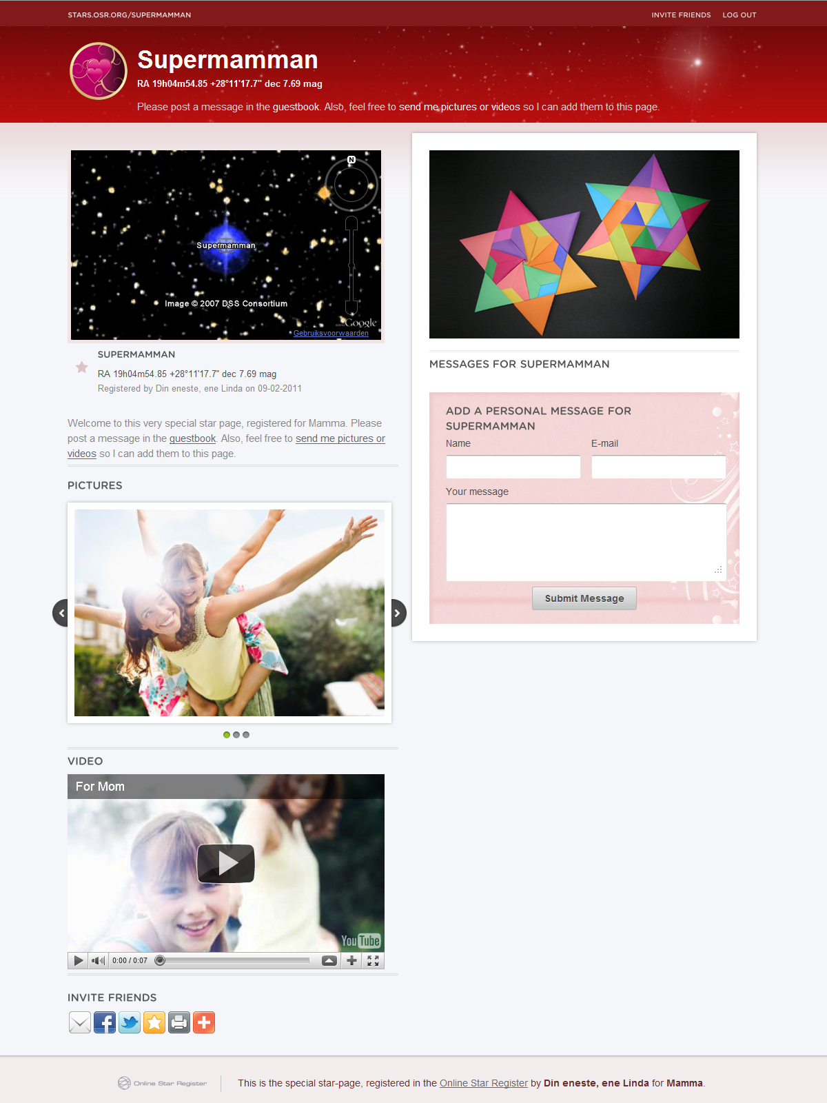 Mother's Day Gift Star Page