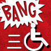 A comic book-style "BANG" explodes in the background while the universal access symbol speeds away.