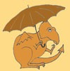 Worried orange dragon, holding an umbrella