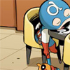 baby Captain America asleep in a chair, drooling on the table he's sitting at, and holding a stuffed bear dressed like his sidekick Bucky in one dangling hand
