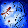 stylised red butterfly on blue blackgroung