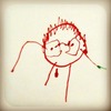 Kid's drawing of a person with glasses, in red ink.