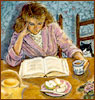 Woman reading at the kitchen table
