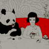 Red and grey art of girl drinking tea with panda.