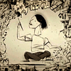seated girl doodling world around her into being